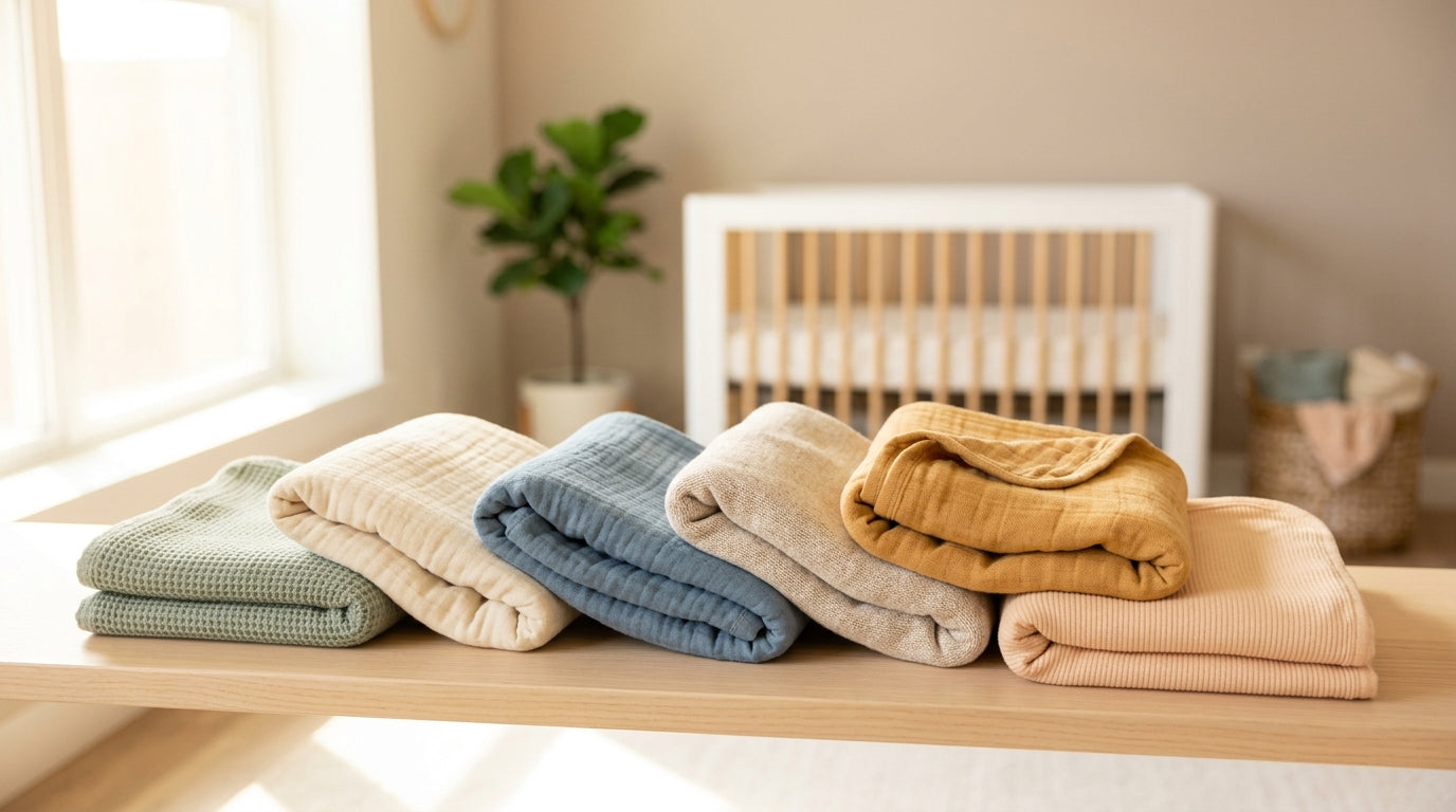 Messy stack of folded receiving blankets on a nursery changing table