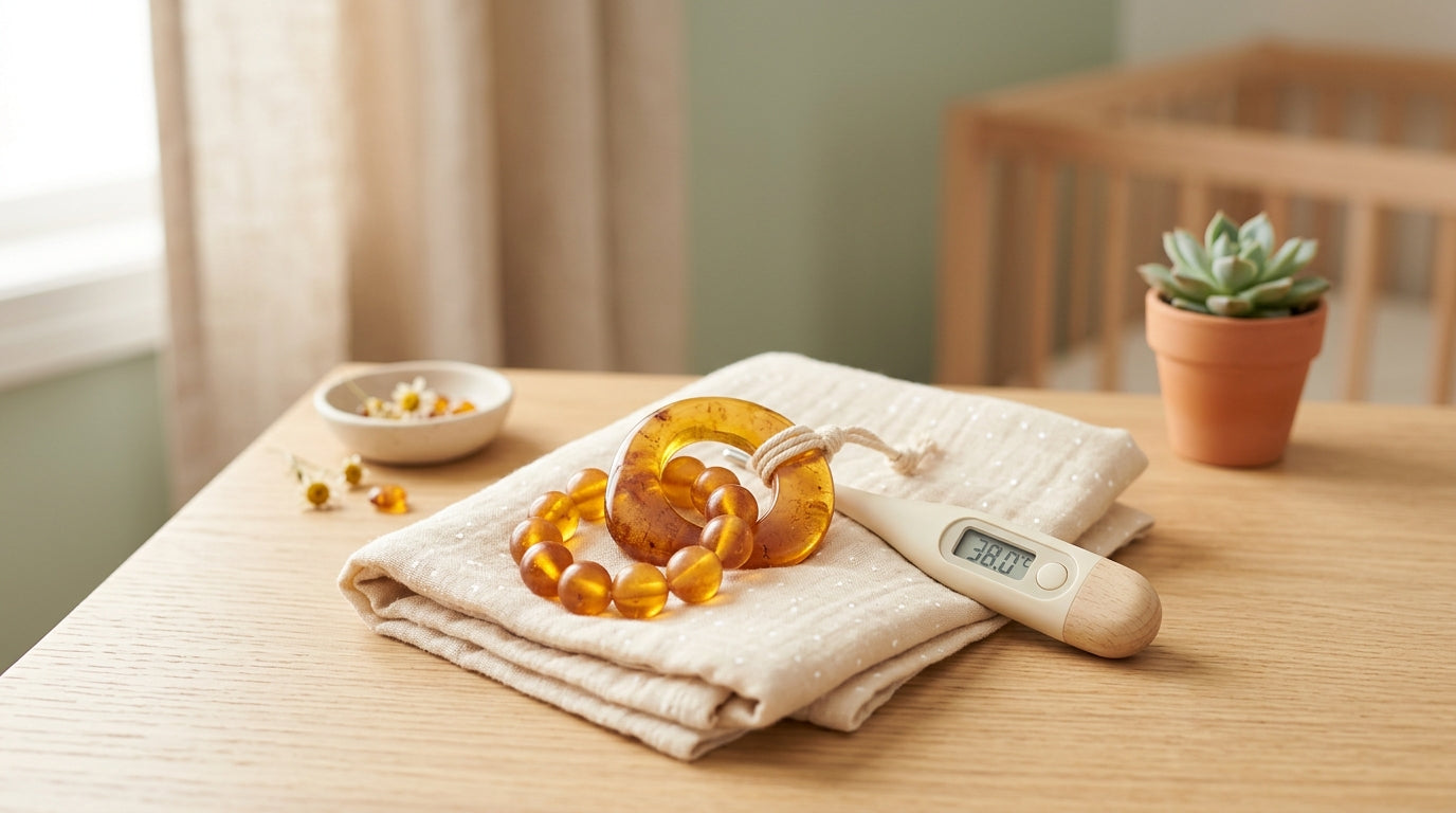 A baby chewing on a soft plant-based teething toy in a nursery