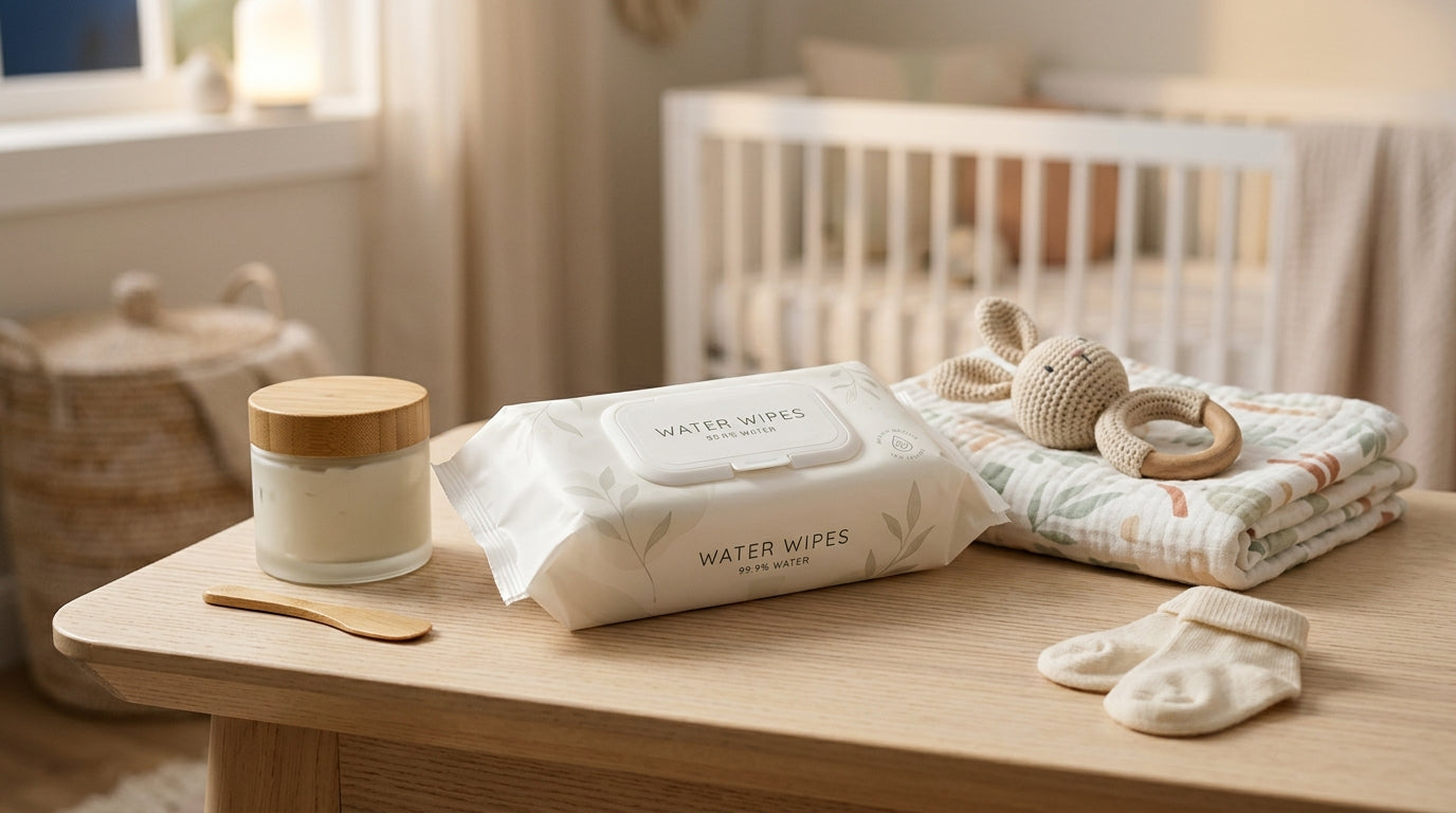 Mom checking diaper rash ingredients in baby nursery