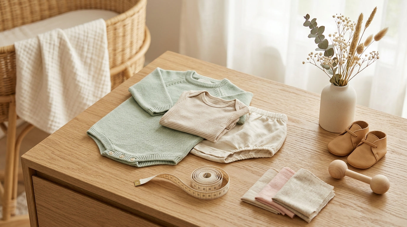 A folded stack of neutral organic baby clothes next to a wooden teething ring