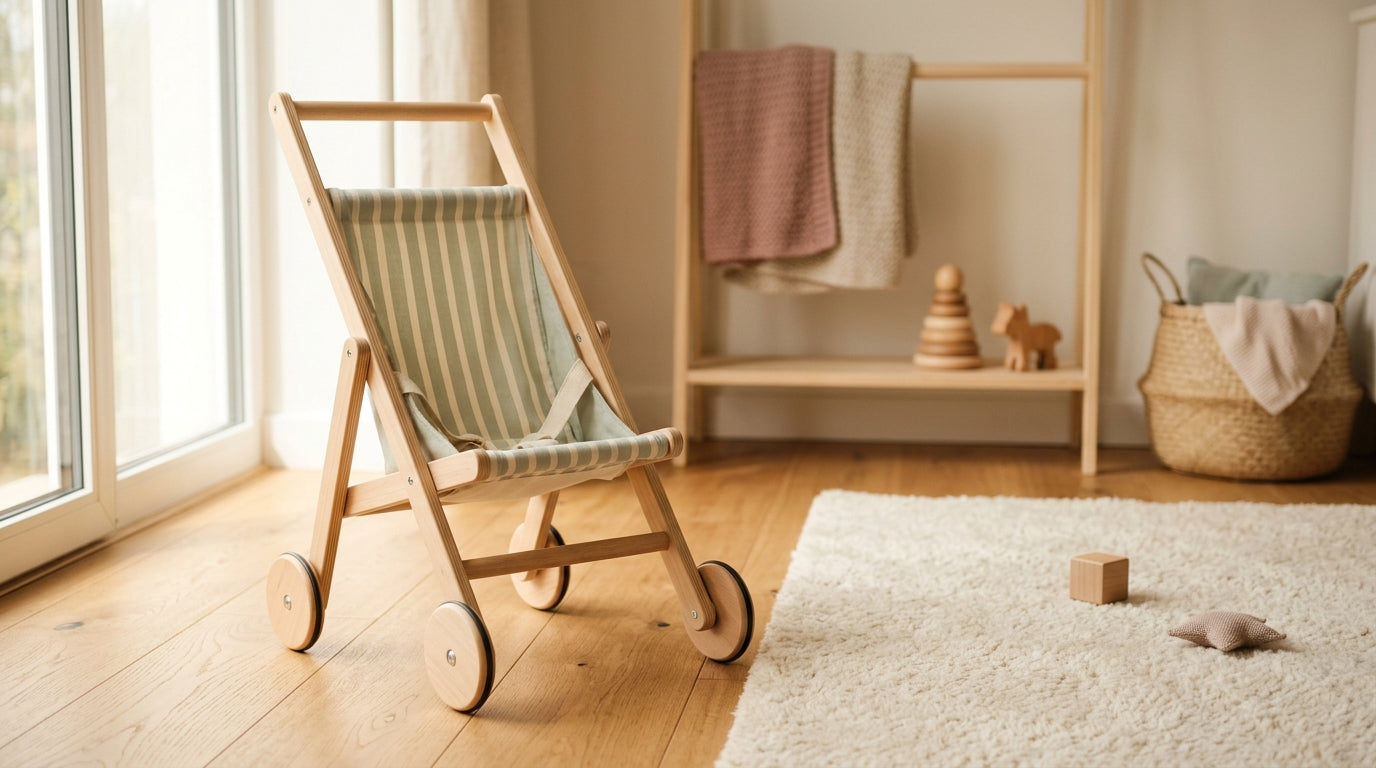 Toddler pushing a heavy wooden pram across a living room floor
