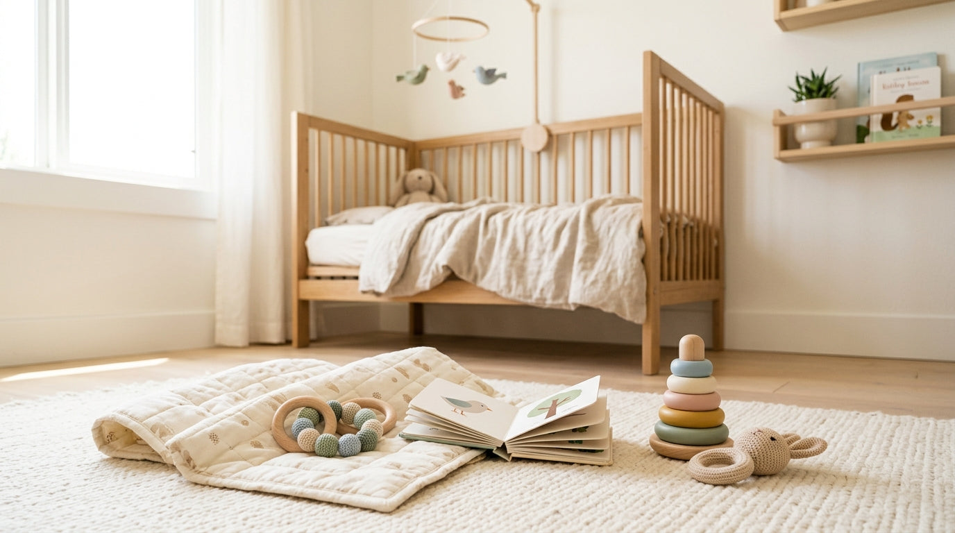 A tired London dad trying to distract twin toddlers with wooden sensory toys.