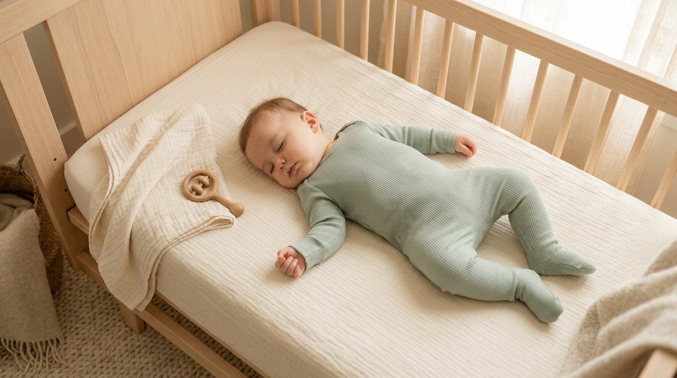 Folded organic baby clothes next to a diaper bag on a messy hospital bed