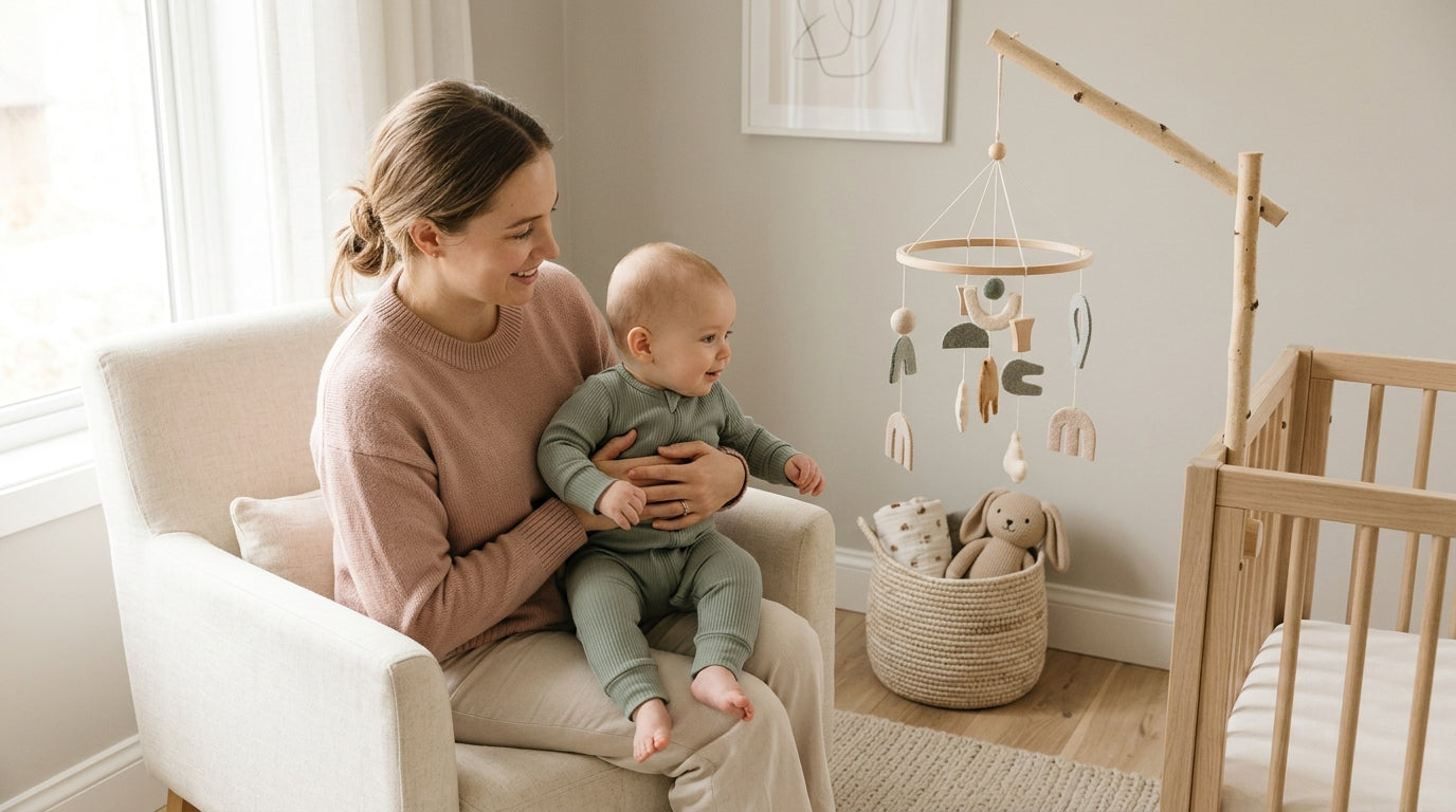 Wooden blocks spelling a baby name next to a neutral organic cotton bodysuit