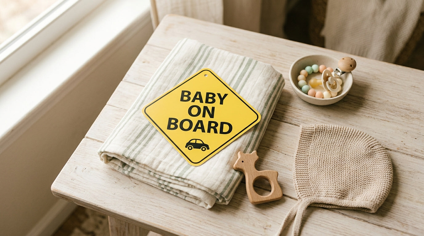 A dad scraping an old yellow diamond baby sign off a car window
