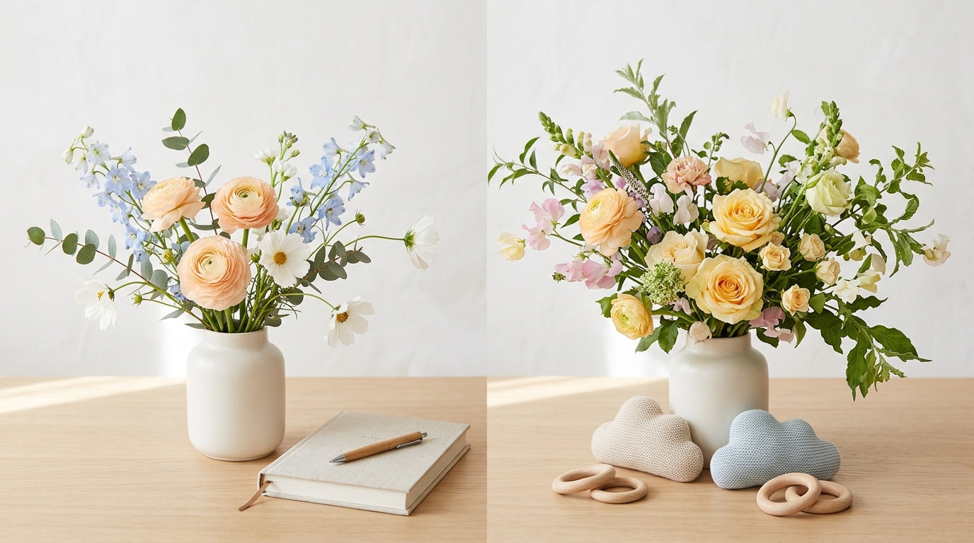 A slightly chaotic table setting featuring unscented tulips next to a cold cup of tea.