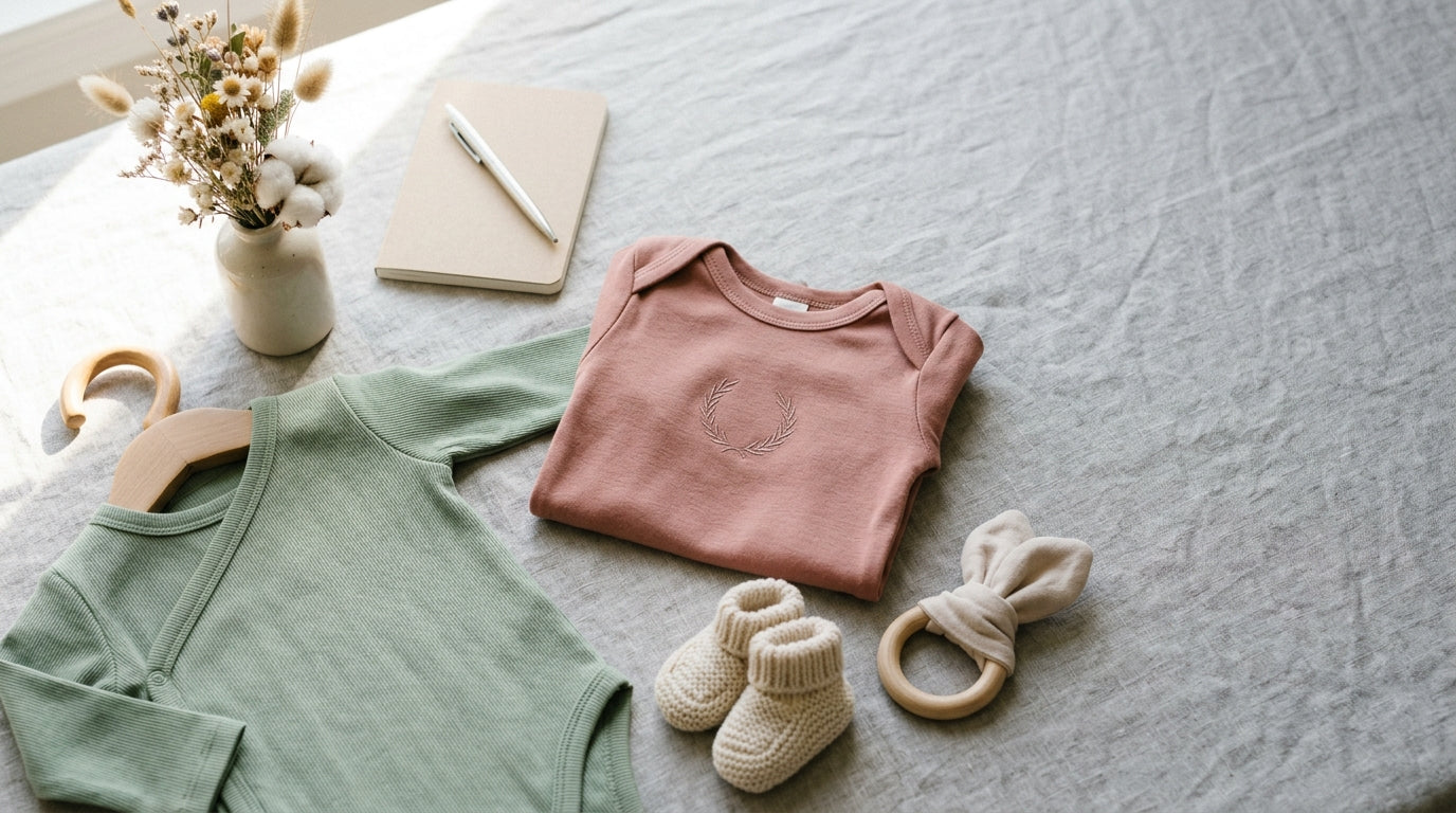 A stack of organic cotton custom baby outfits next to a spilled cup of coffee.