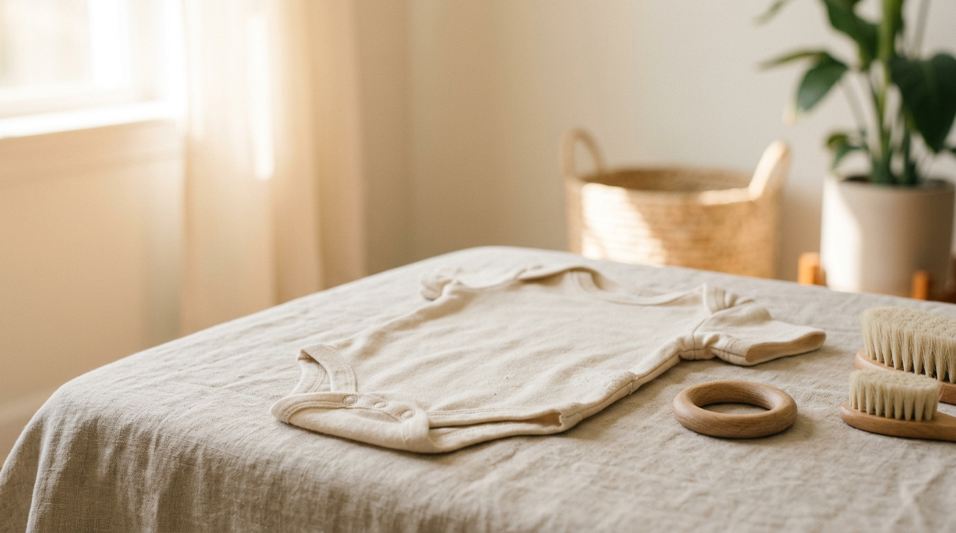 Baby wearing a customized organic bodysuit covered in sweet potato puree