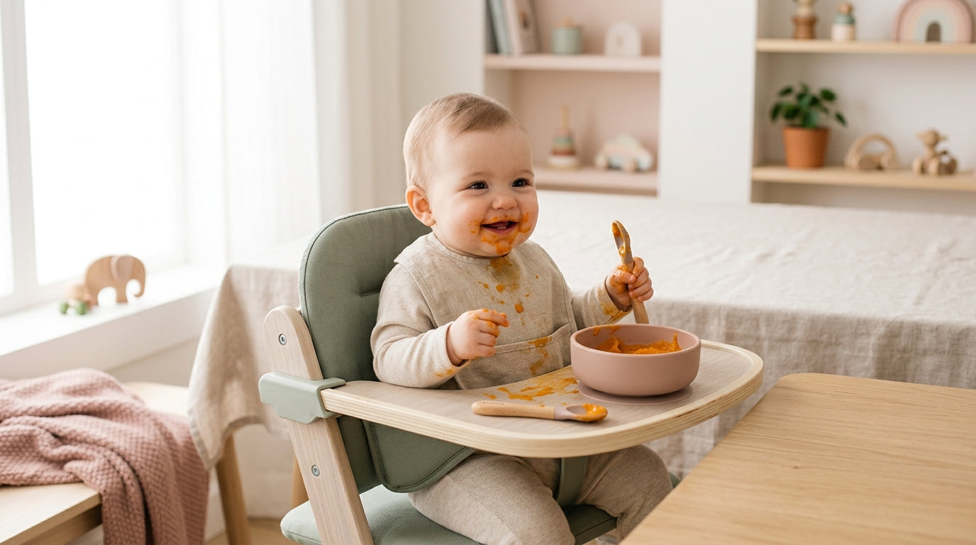 A dad staring in horror at a baby covered in orange sweet potato puree