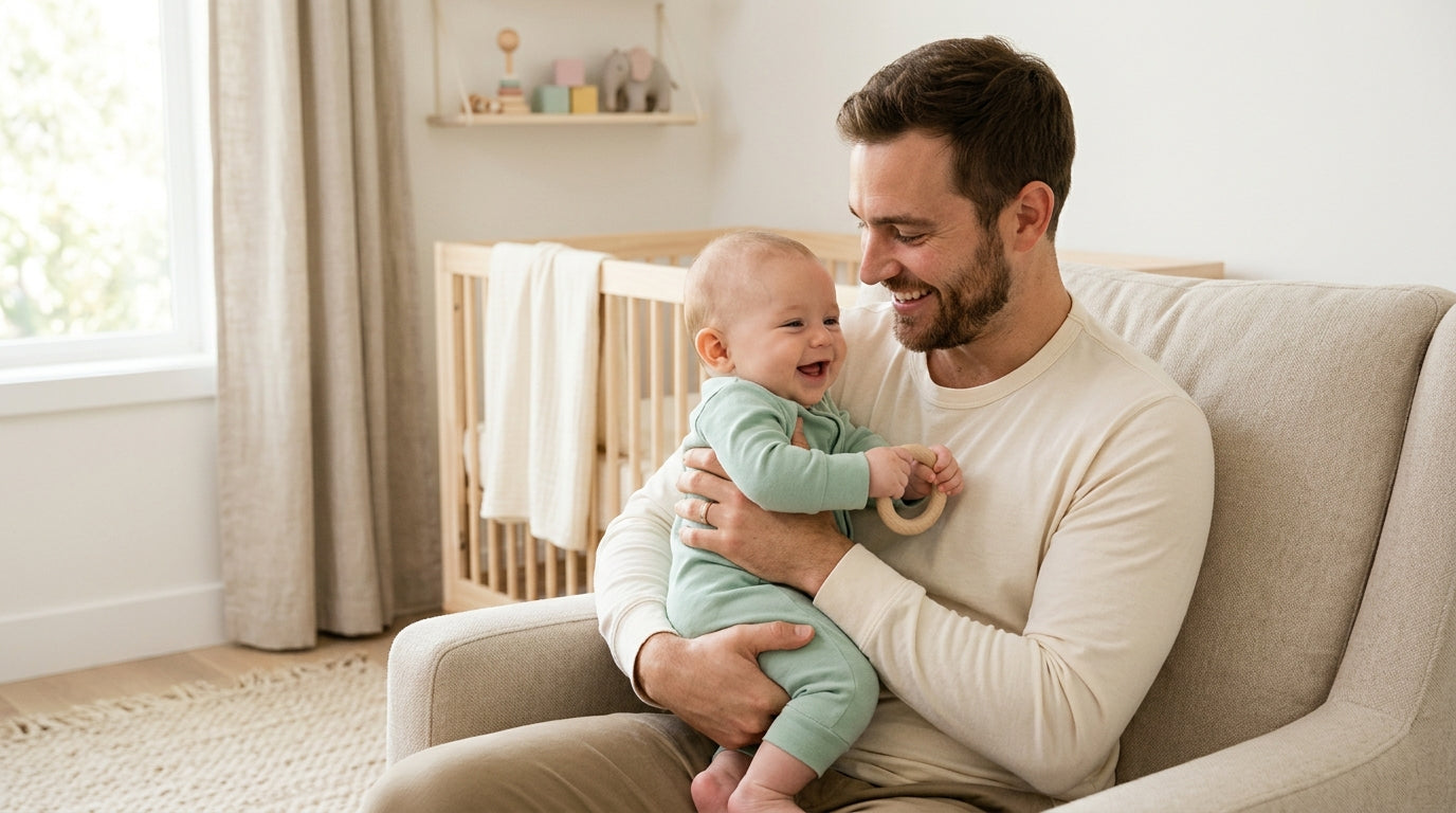First-time dad holding an eleven month old baby while looking confused