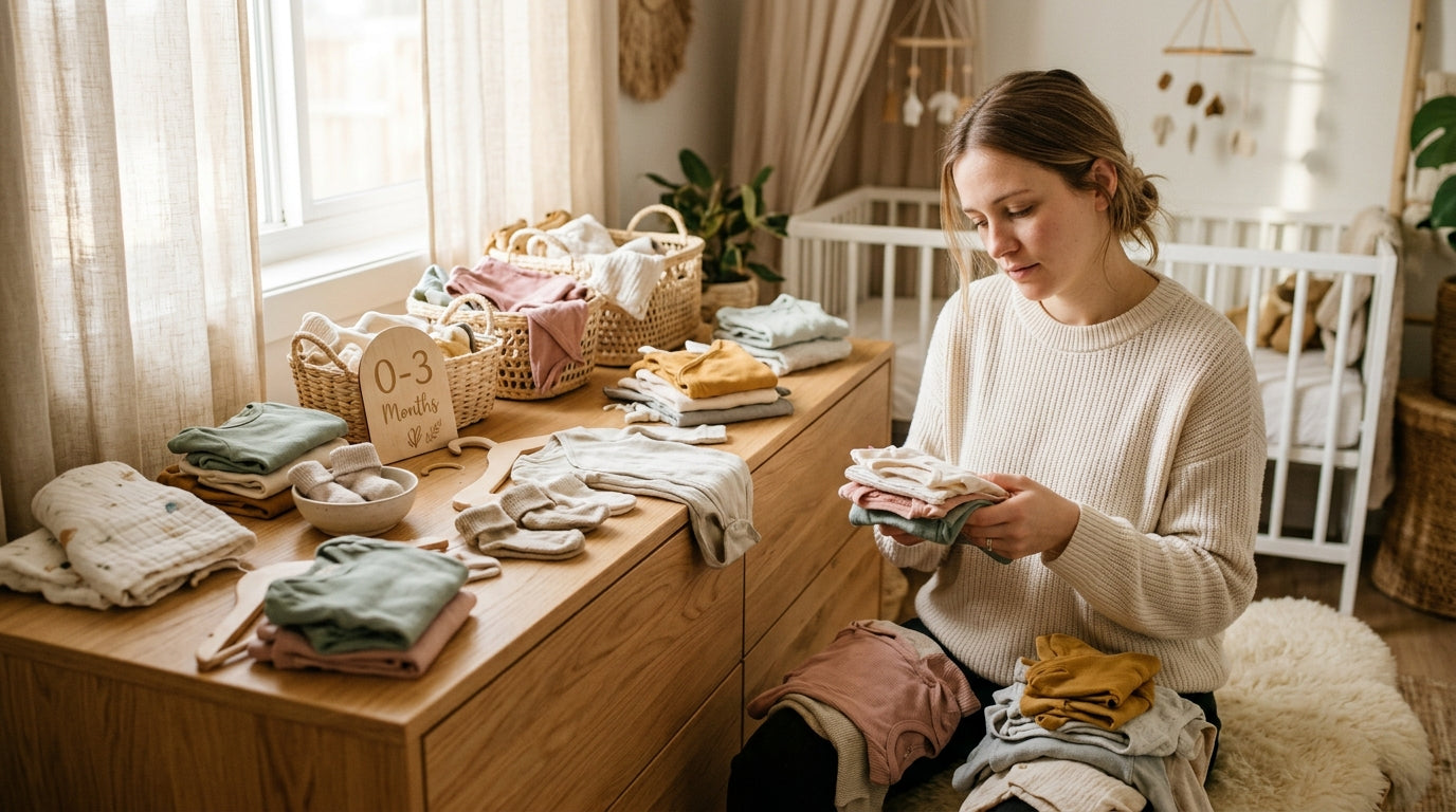 Exhausted mom holding a newborn baby in a simple organic cotton onesie
