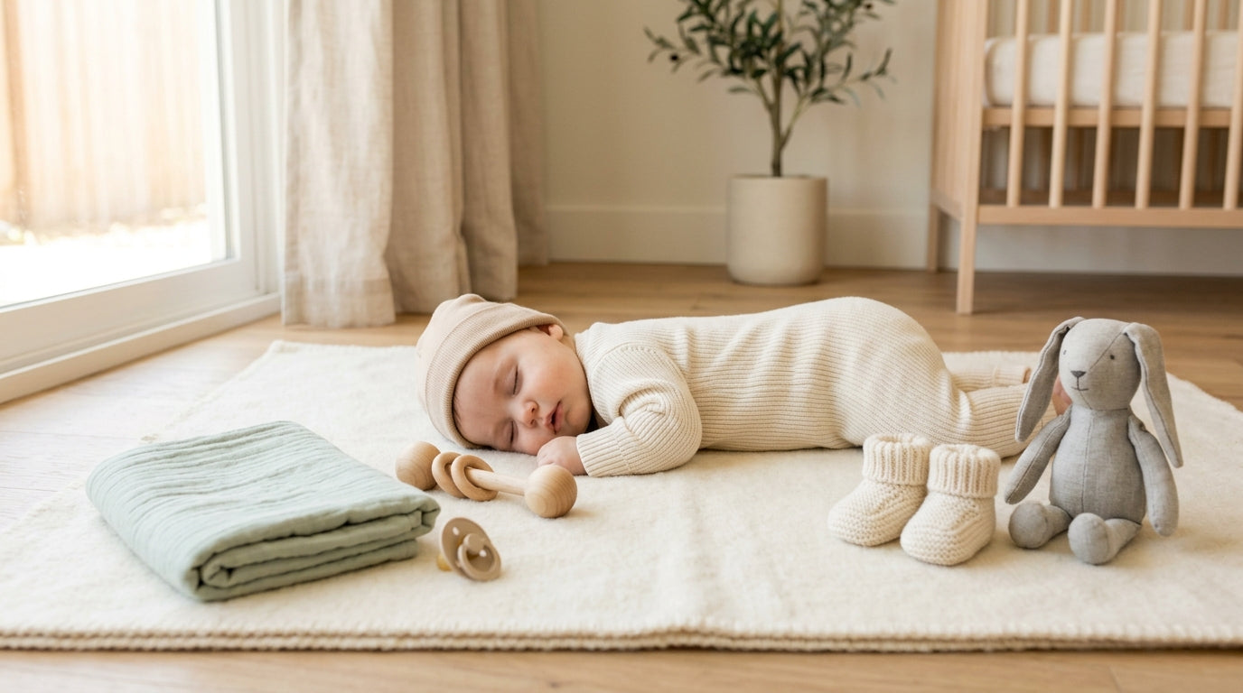 Tired mother holding a sleeping baby wrapped in a soft blanket on a neutral play mat