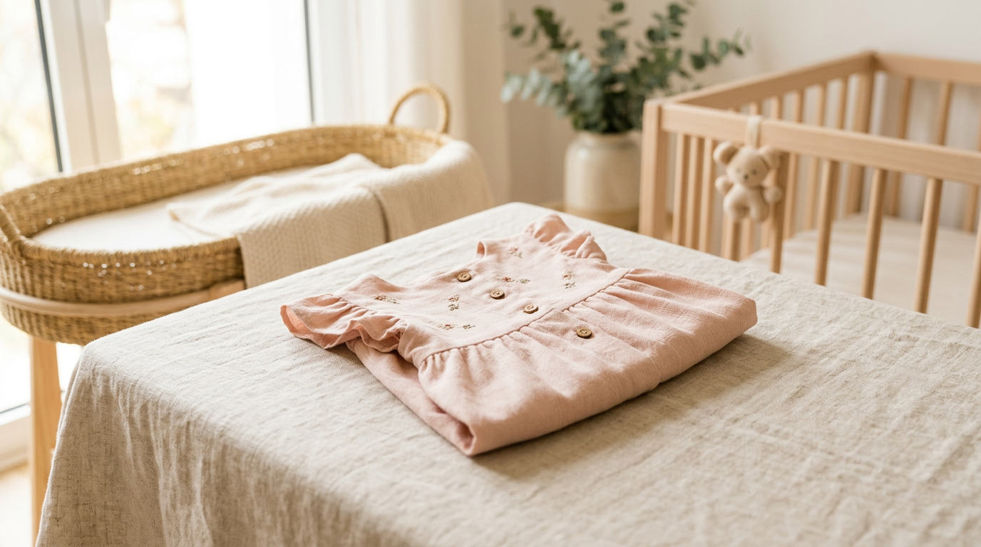 Jess holding a ridiculous itchy baby dress while her toddler runs away in organic cotton.