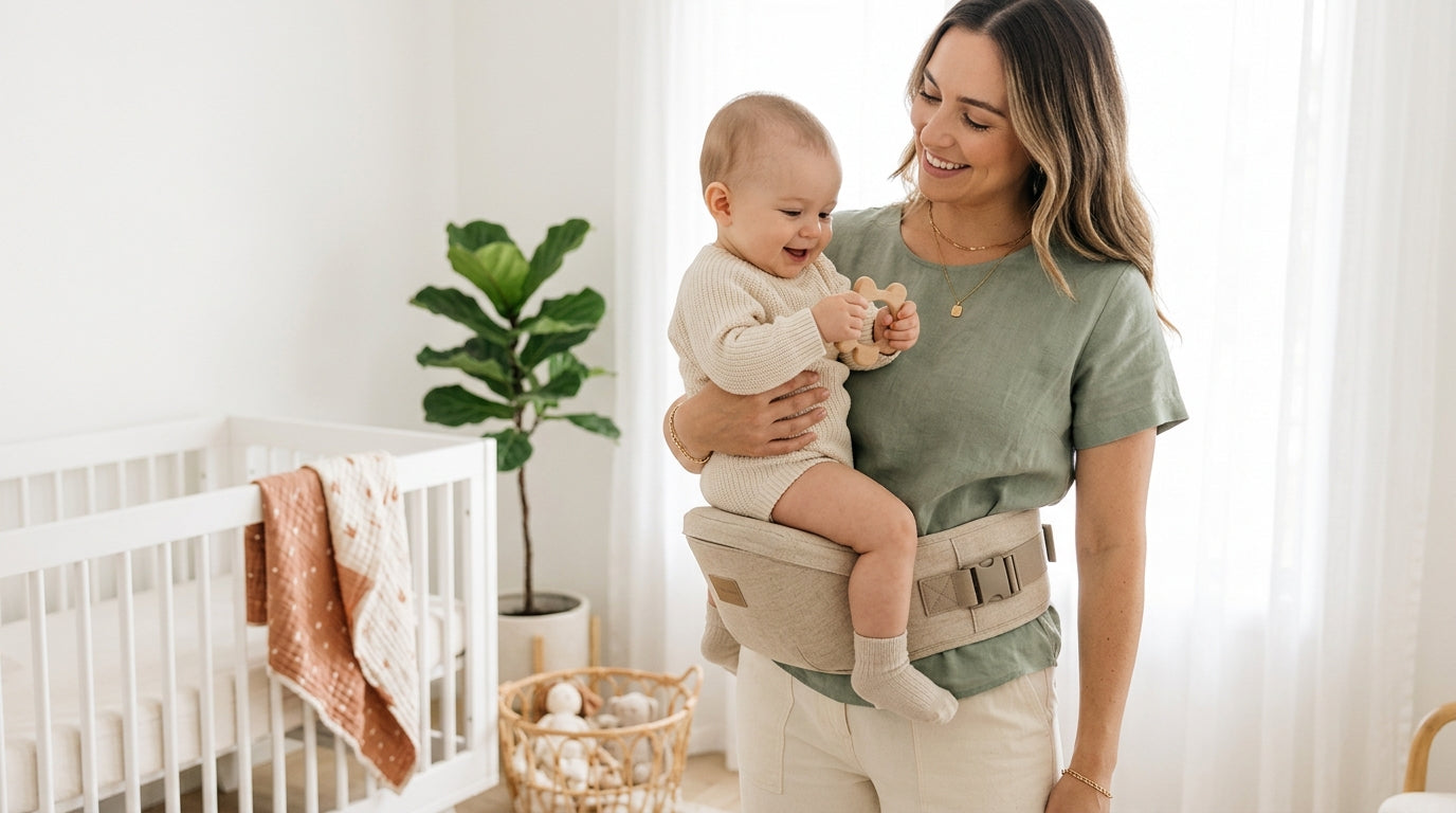 A stressed dad wearing a tush baby carrier in a crowded London pub