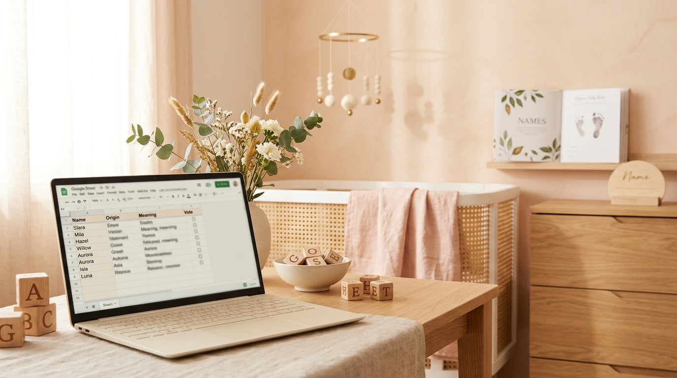 A frustrated dad staring at a laptop screen filled with a spreadsheet of baby names