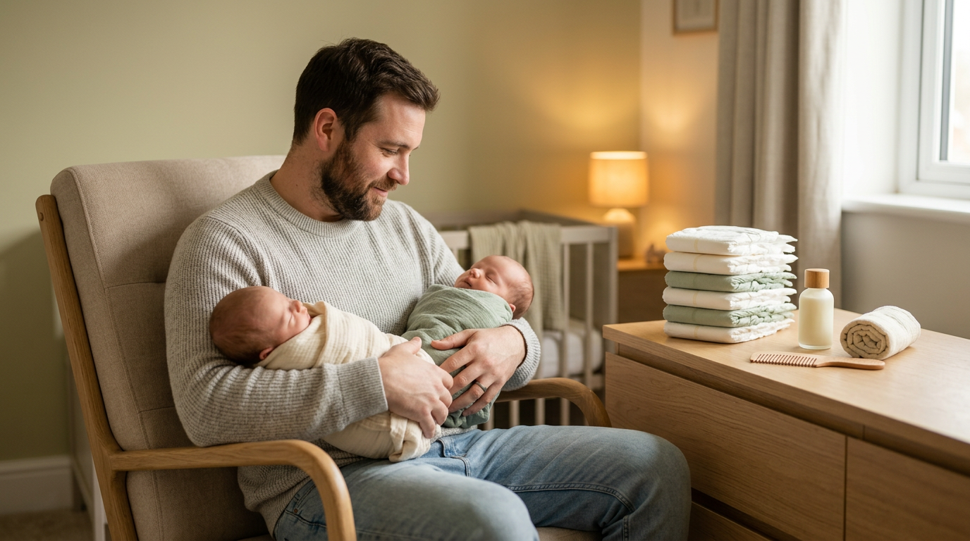 A tired dad holding twins while desperately trying to windeln kaufen online.
