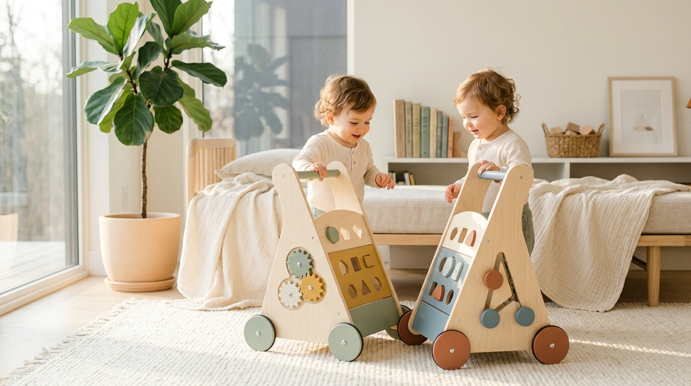 Twin baby pushing a wooden cart walker across a living room floor