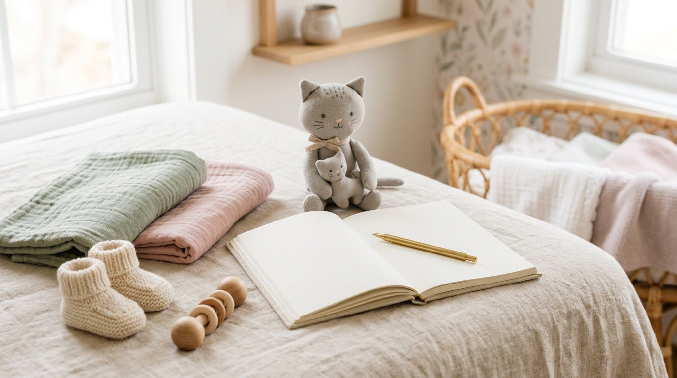 Exhausted dad holding twin girls while staring suspiciously at a small kitten sitting inside a wooden baby bassinet.