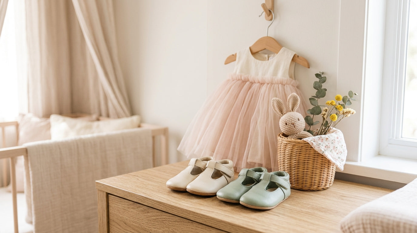 Two baby girls sitting on a damp lawn wearing comfortable blush pink organic cotton rompers.