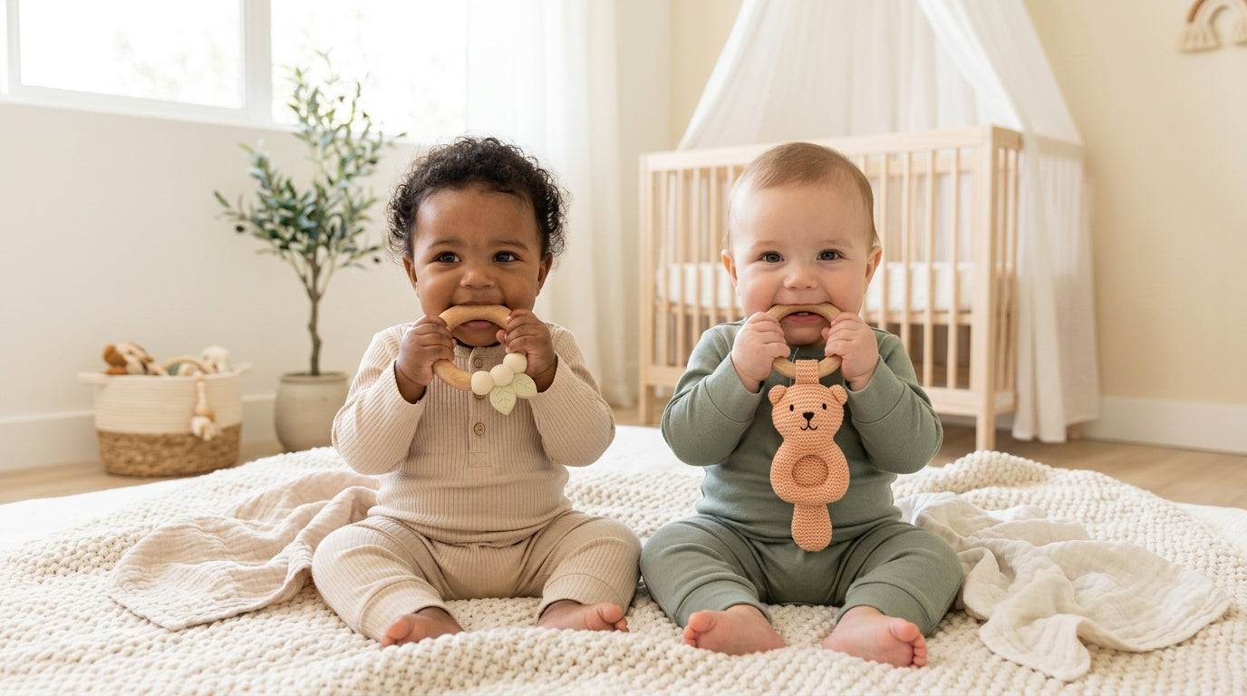Tired dad looking at two toddlers chewing on wooden toys in a living room