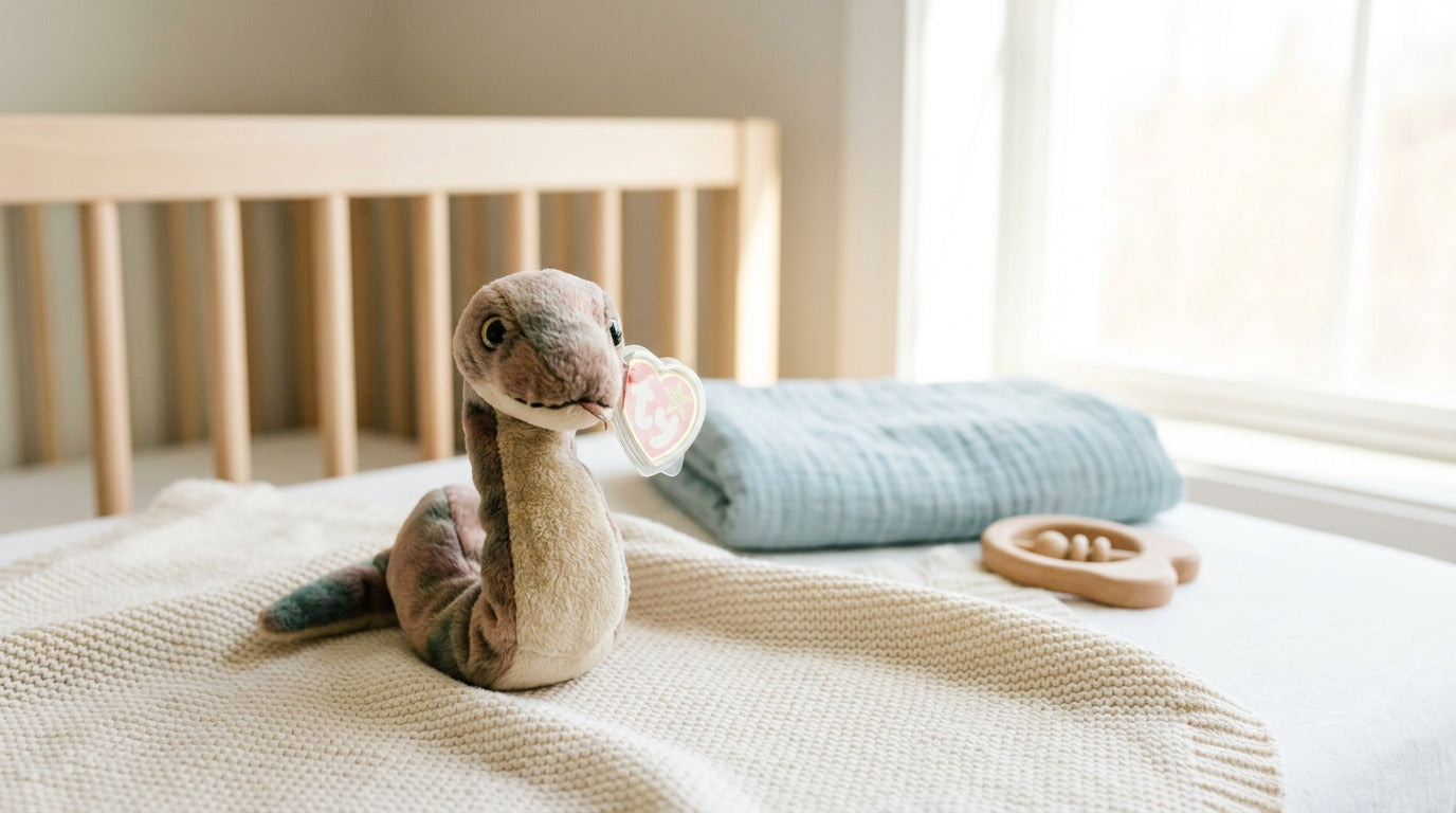 Marcus holding a vintage 90s plush toy next to a modern baby-safe organic teether