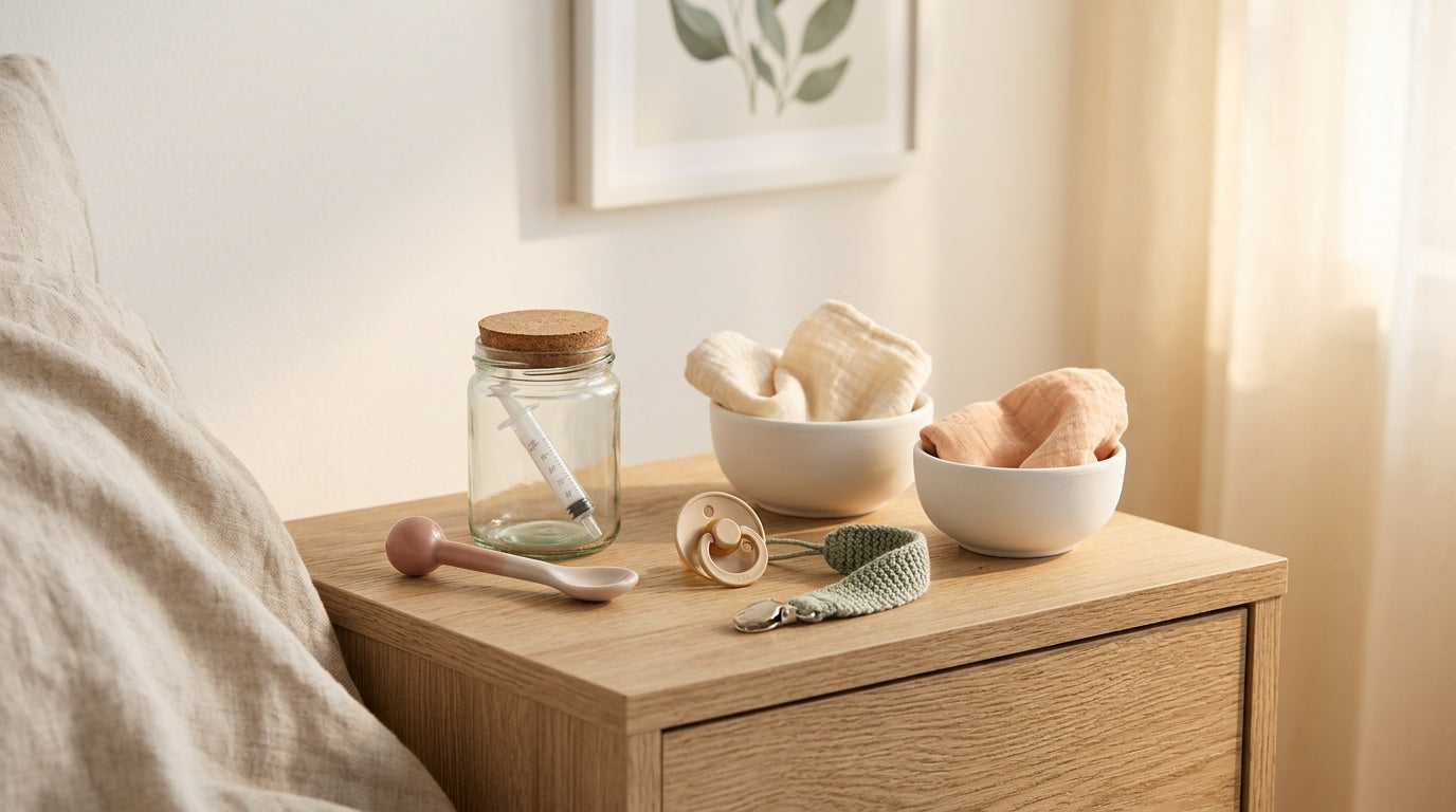 Exhausted dad figuring out the correct medication dosage for his sick baby at night.