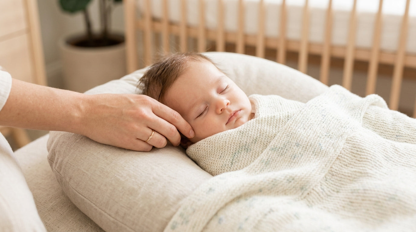 A tired mom holding a wrinkled newborn baby who looks like a grumpy old man.