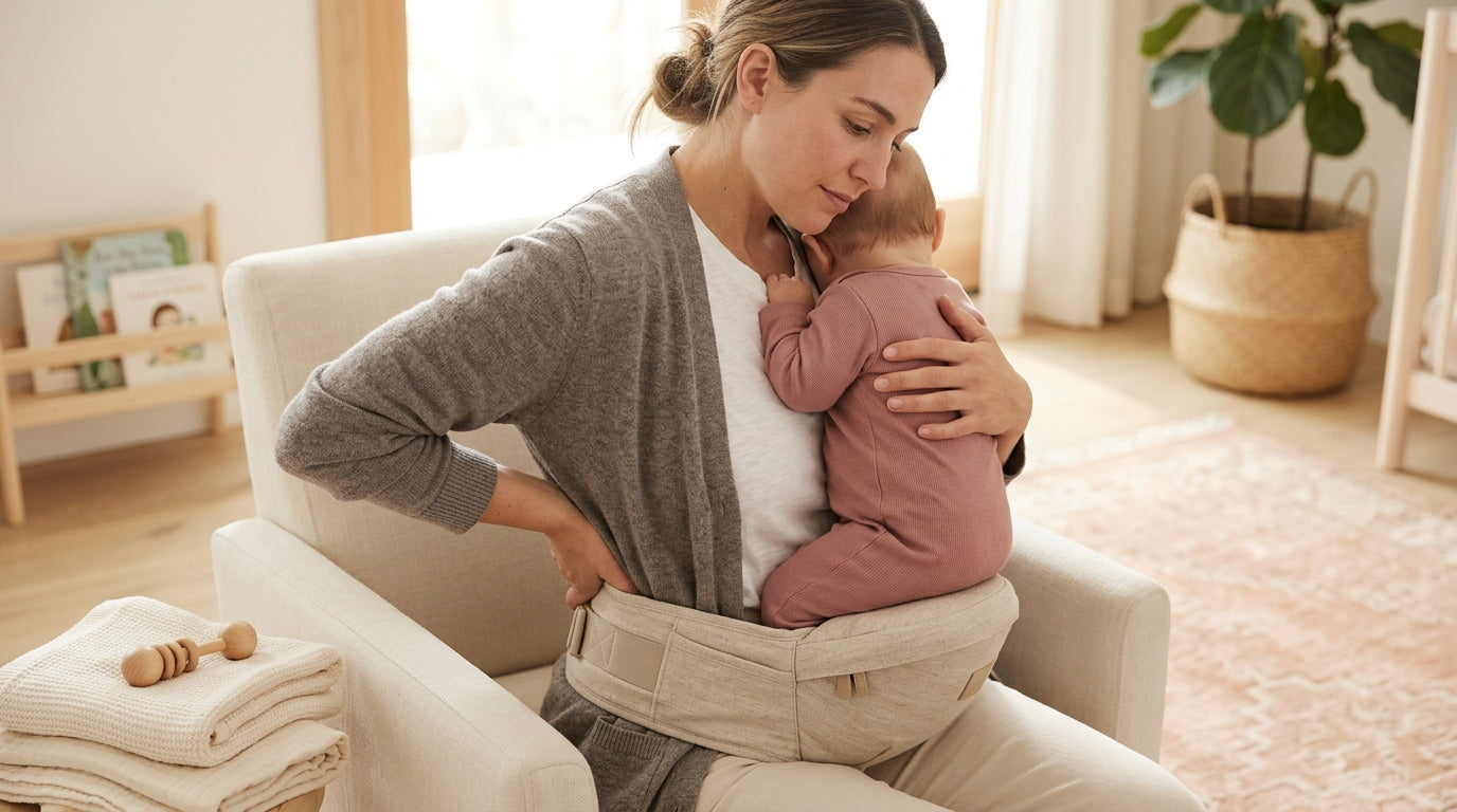 A tired mom holding a heavy toddler on a waist seat carrier at a hot outdoor festival.