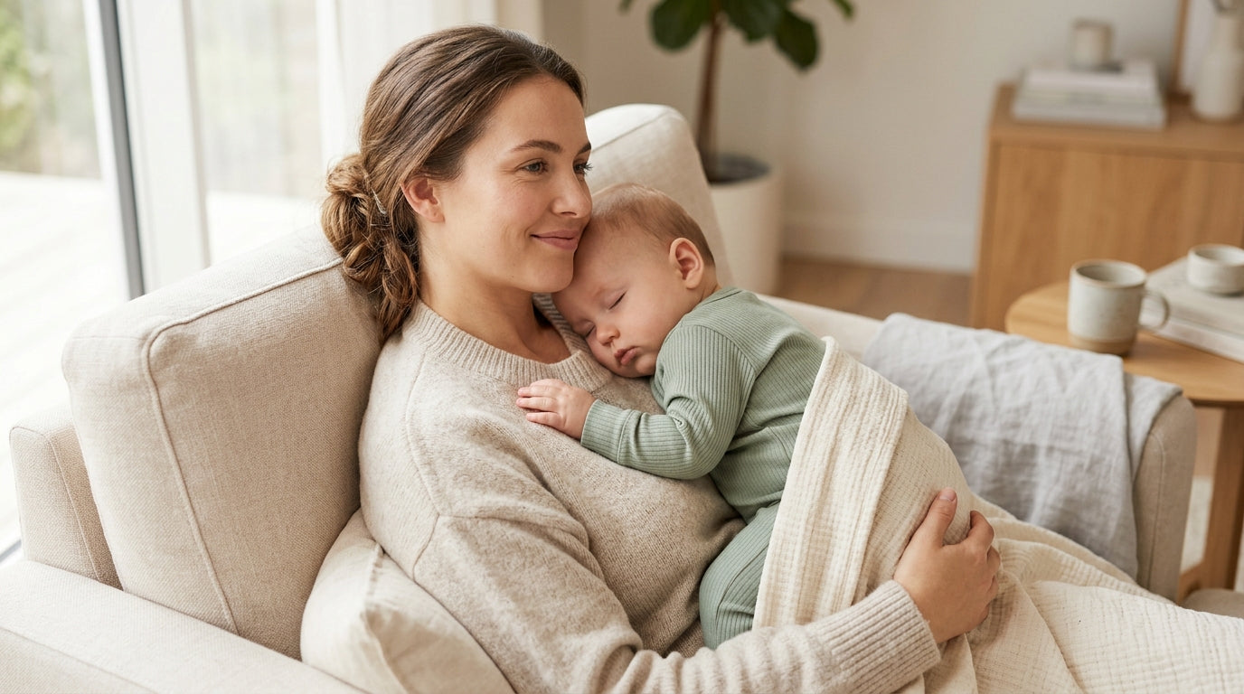Exhausted mother drinking coffee while looking at her phone reading the UK cheerleader baby autopsy news