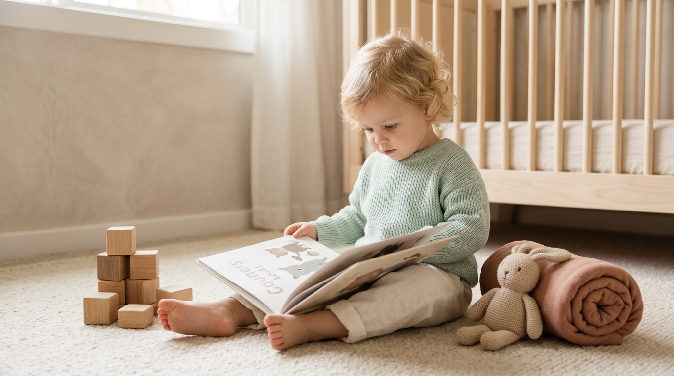 A tired father holding a wooden play gym while a toddler stares at a smartphone screen