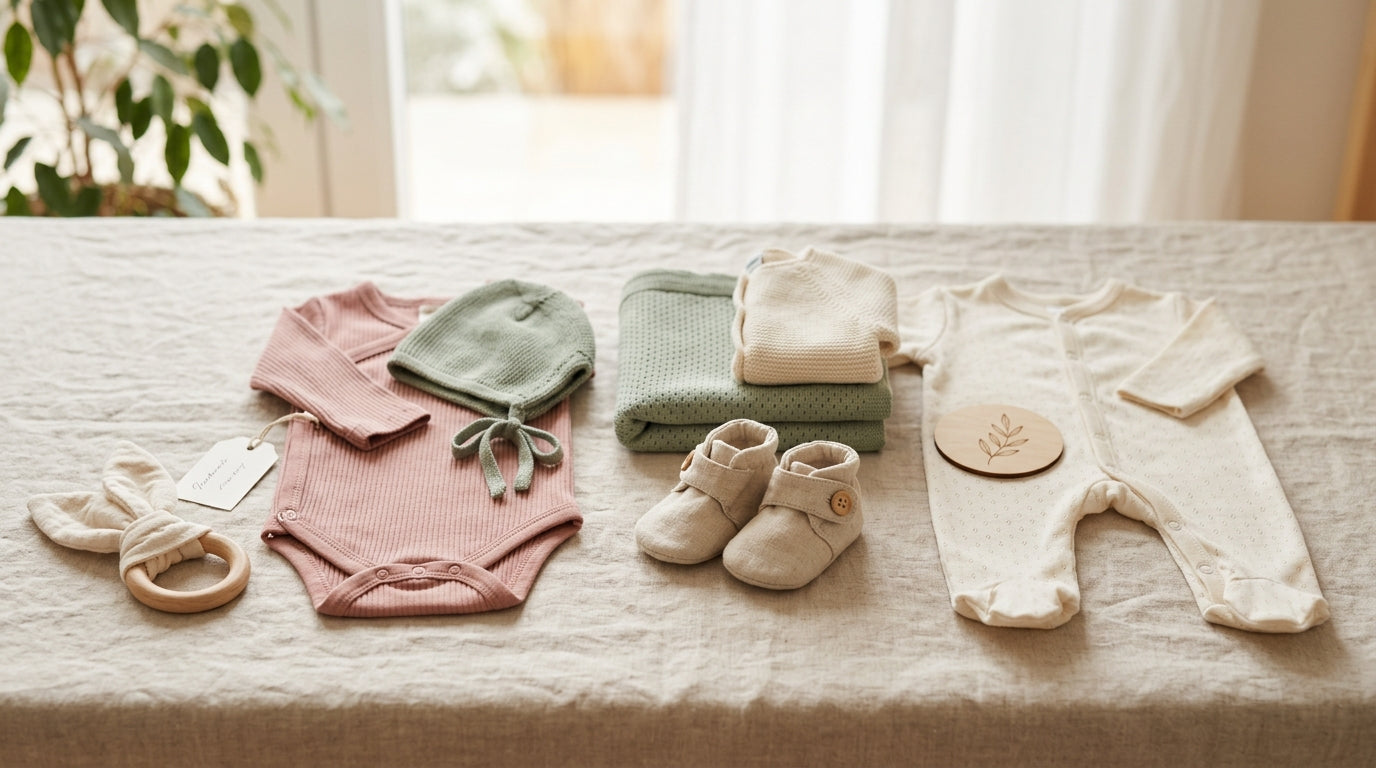 A pile of outgrown baby clothes next to a measuring tape and cold coffee