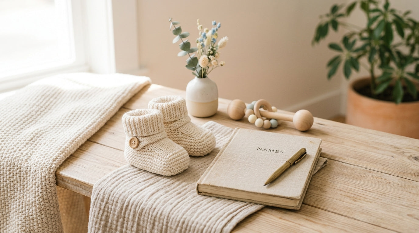 A pregnant woman looking stressed while writing a list of baby boy names