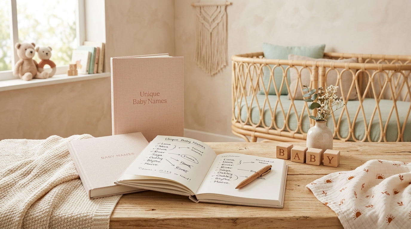 A stressed pregnant mom looking at baby name lists on a clipboard.