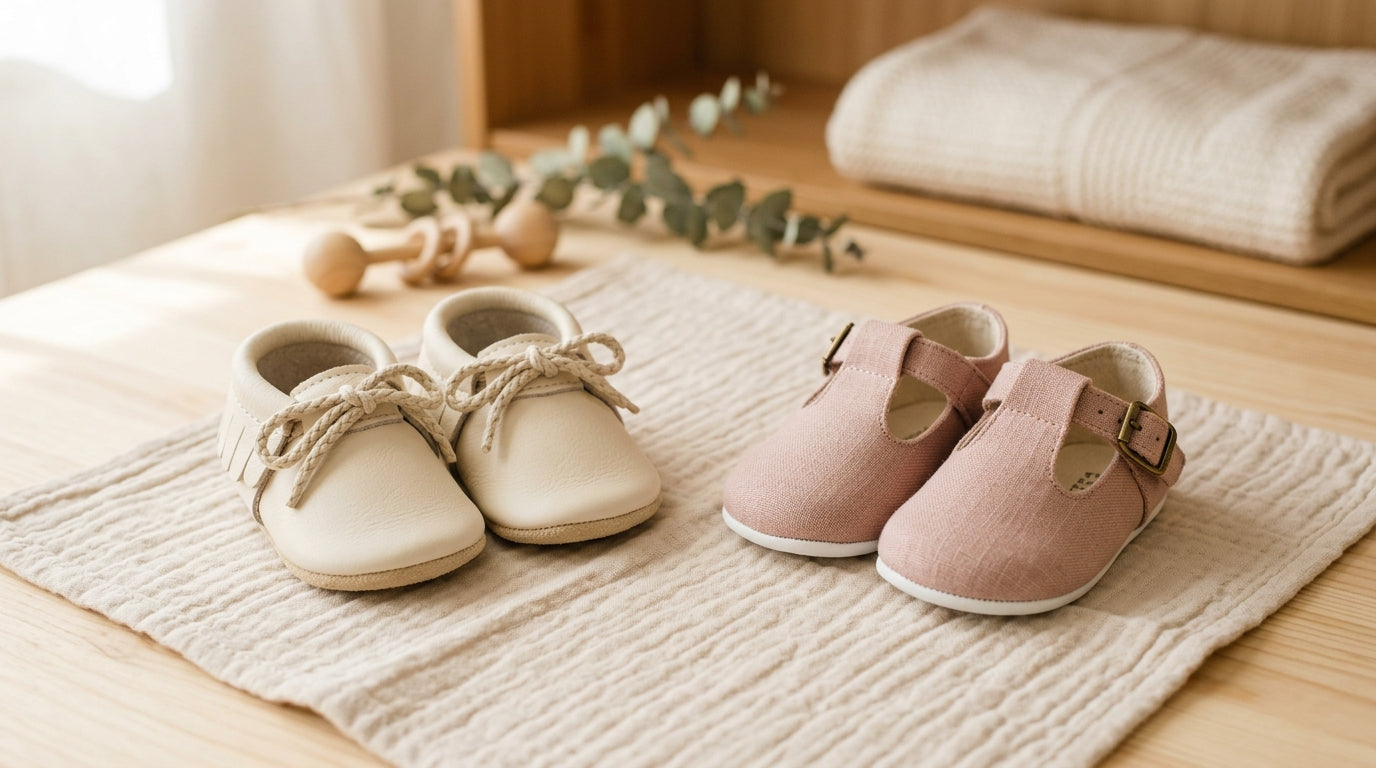 A pile of brand new stiff infant footwear in a cardboard donation box