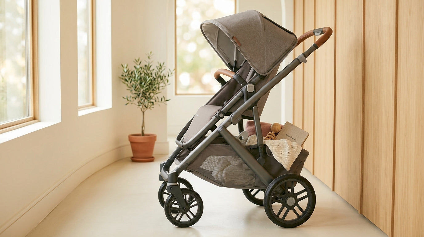 A tired father pushing a massive double stroller through a muddy London park