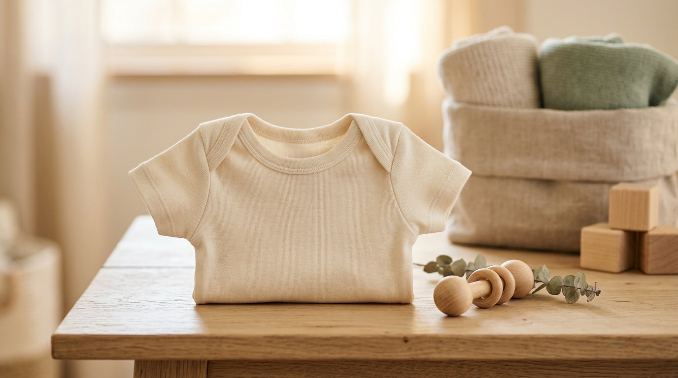 A folded organic cotton baby tee sitting next to a wooden teether on a bed