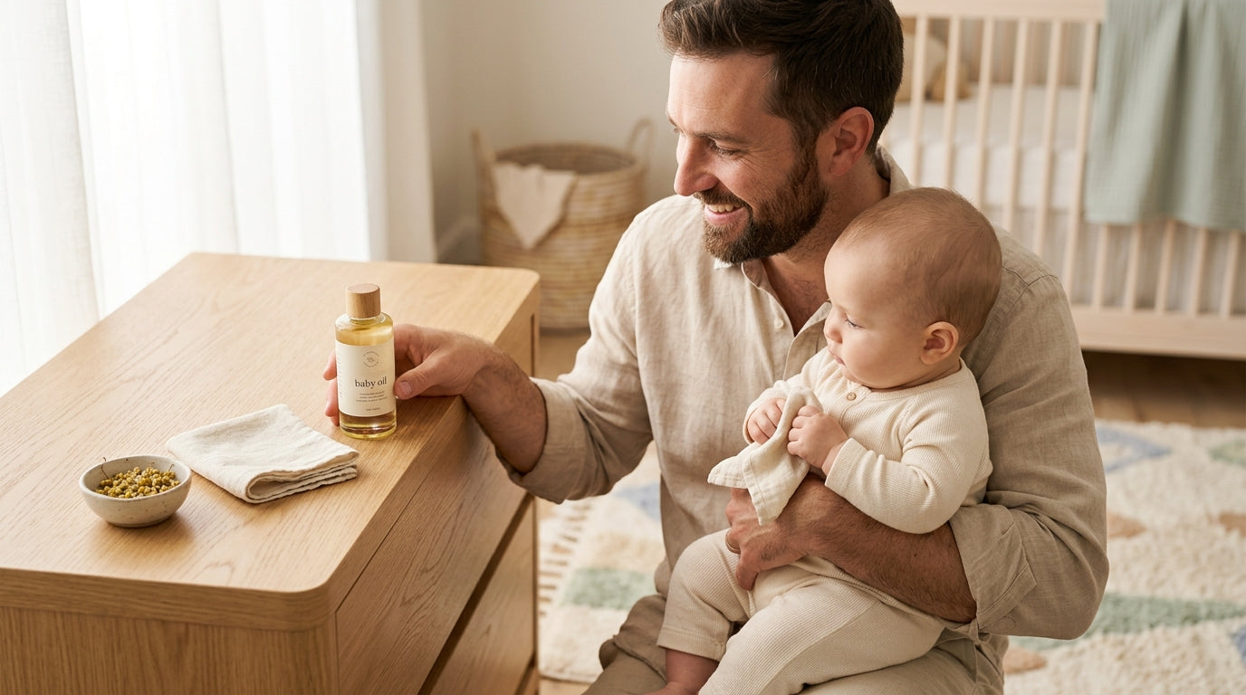 A confused dad holding a bottle of baby oil next to a baby bath
