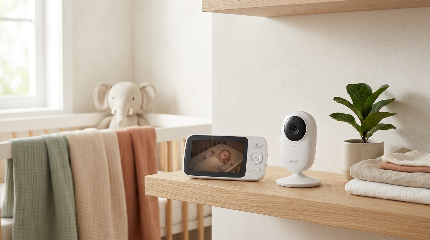 A VAVA baby monitor camera mounted on a nursery wall next to a crib