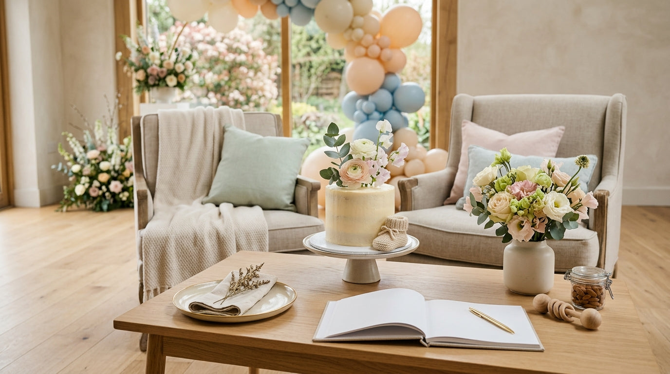 A beautiful but realistic baby shower venue set up with organic cotton gifts and wild western baby gym.