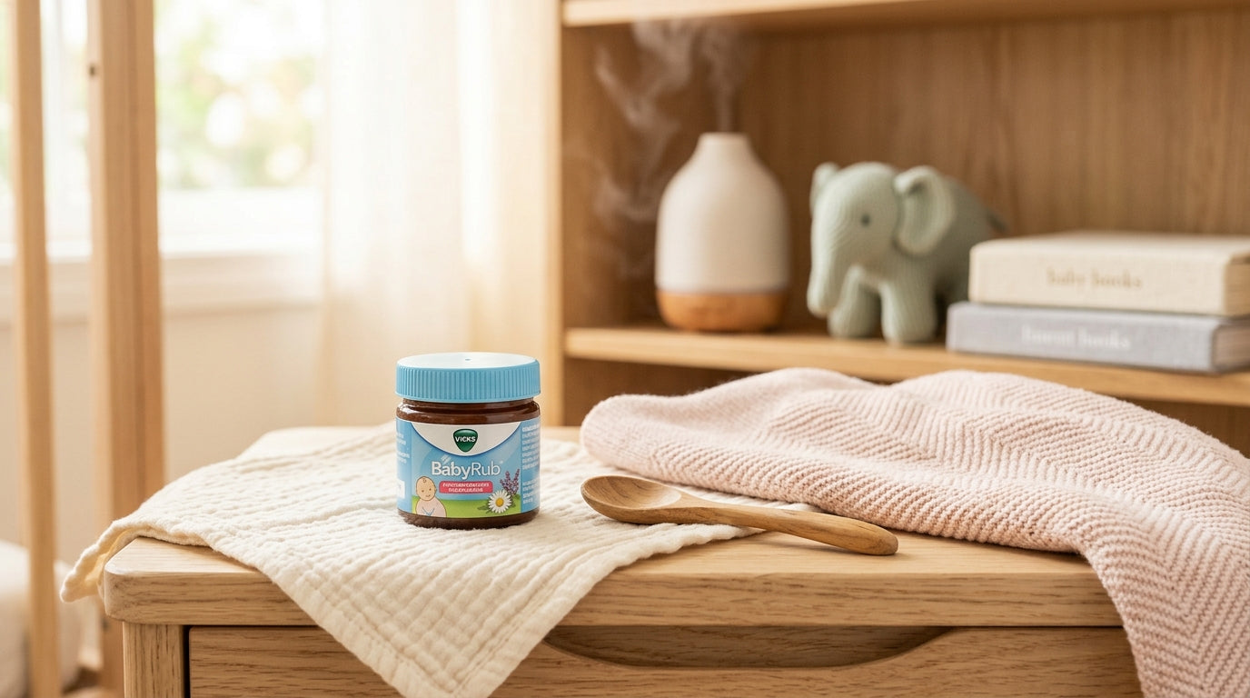 Exhausted dad staring blankly at a tiny jar of baby chest ointment in the dark