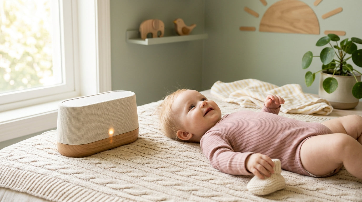 Exhausted mother drinking coffee while holding a sleeping baby in a messy nursery