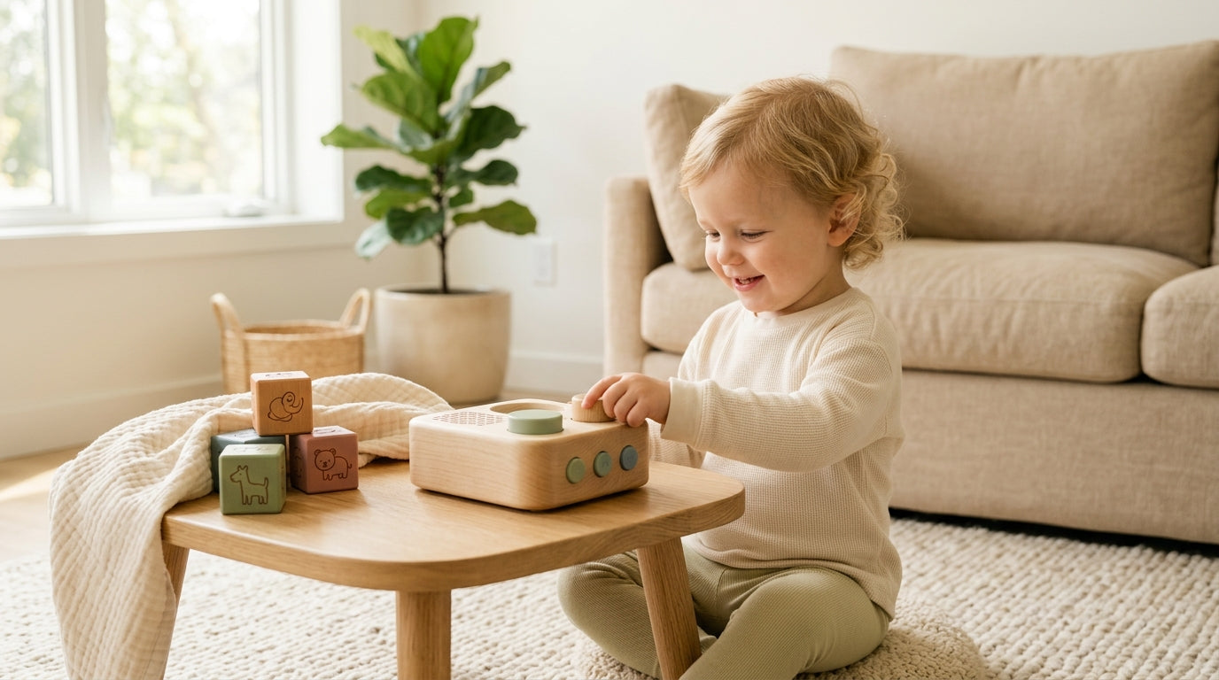 Toddler wearing noise canceling earmuffs looking at a smartphone screen