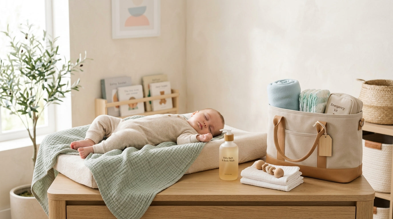 Packed emergency diaper bag next to a TV remote control