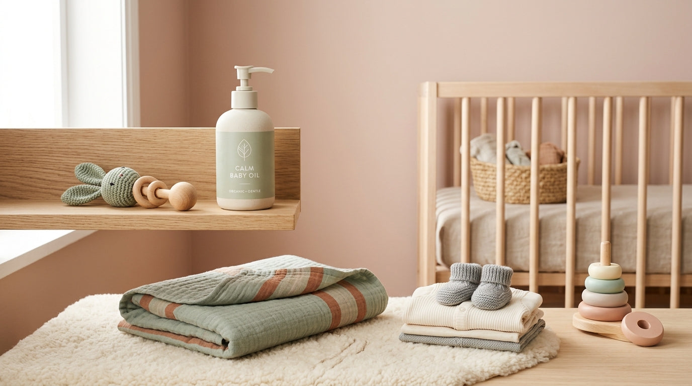 A pink bottle of baby oil sitting next to a silicone sushi teether on a wooden nursery dresser.