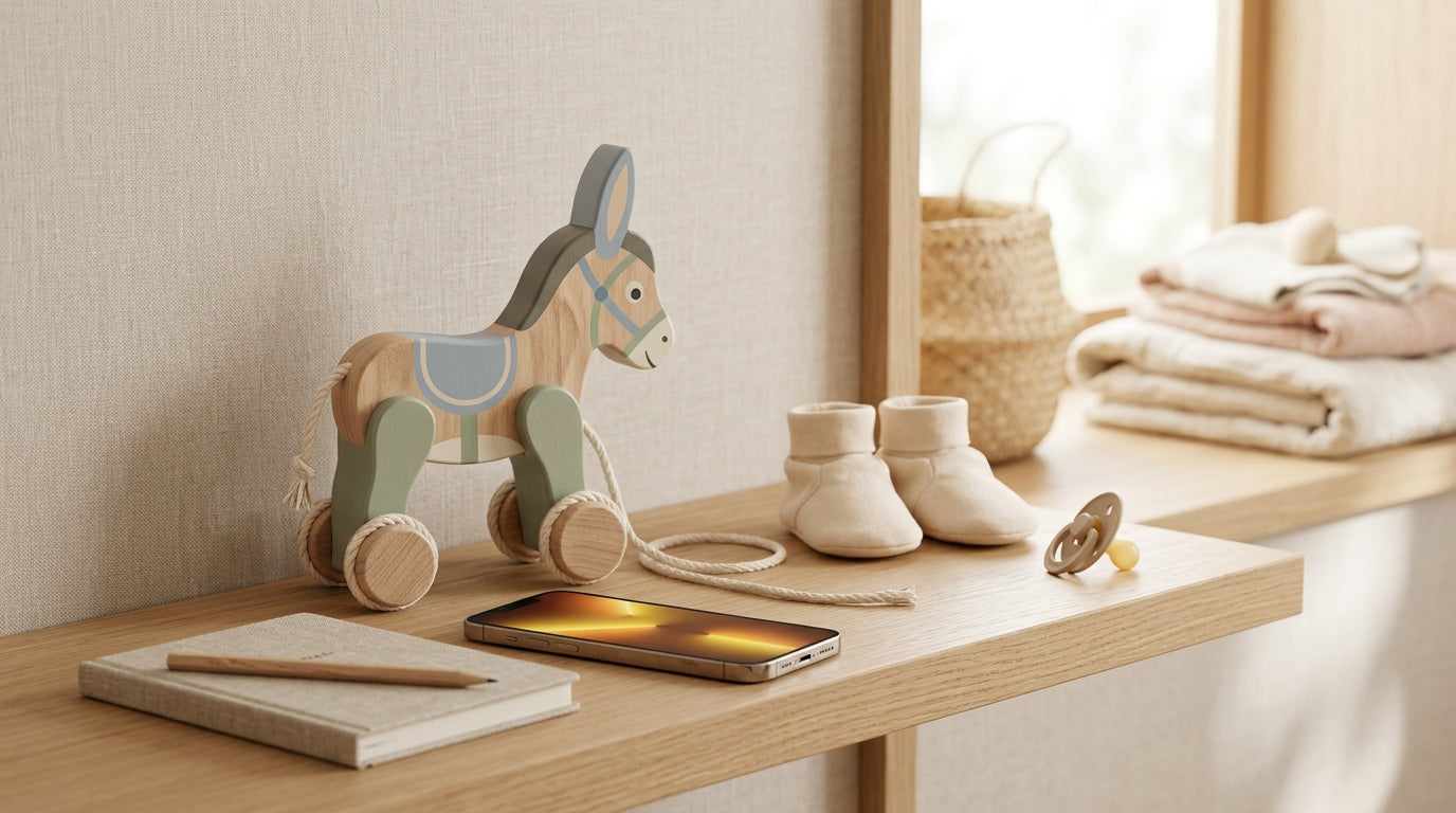 Toddler holding a wooden toy donkey next to a blurred tablet screen