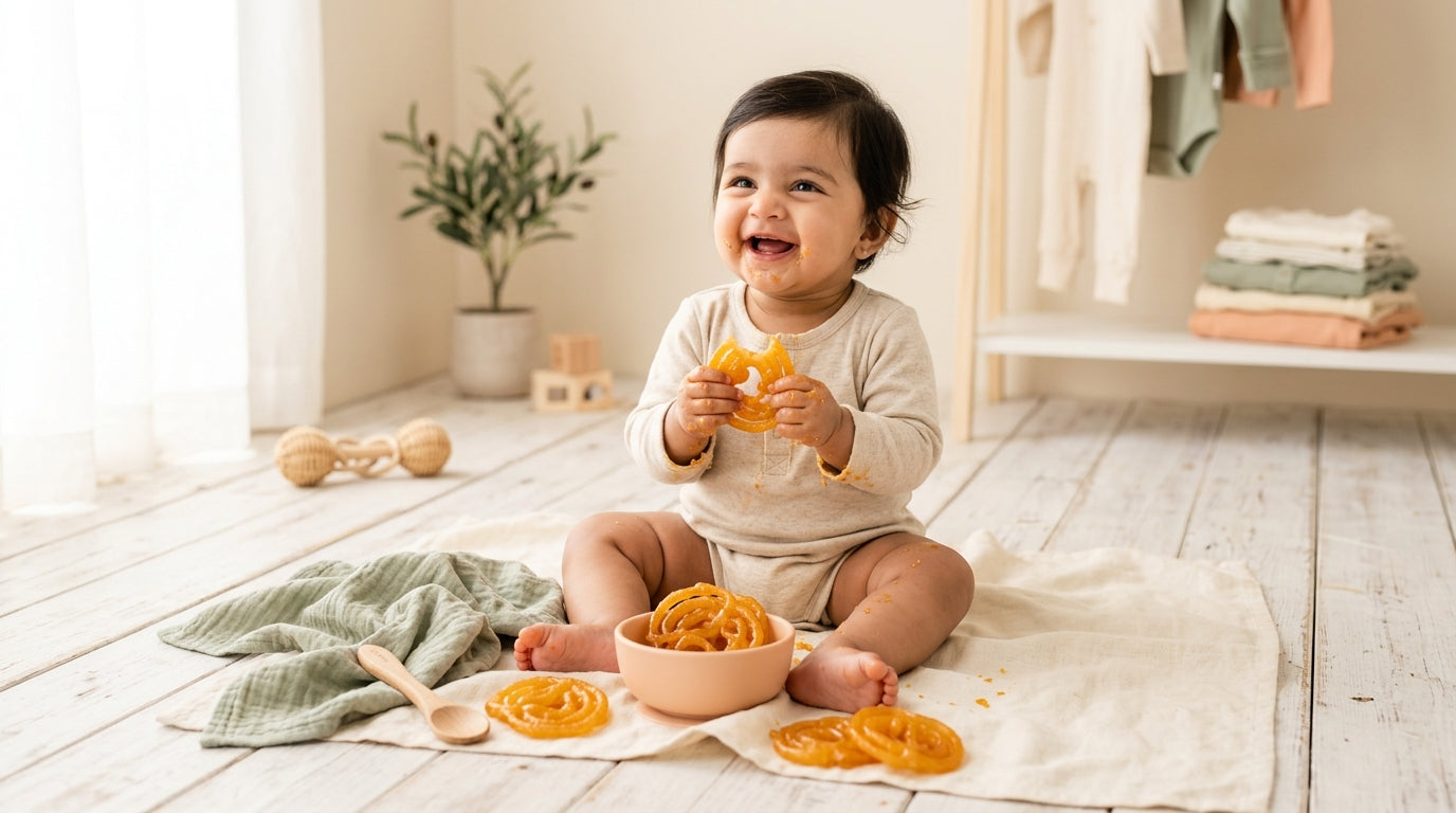 A tired mom holding a baby while looking confused at her phone in a messy living room.