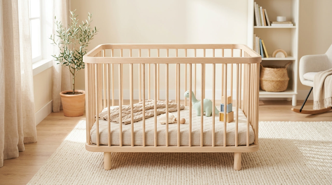 A tired mother looking at her phone while her toddler plays safely in a mesh playpen