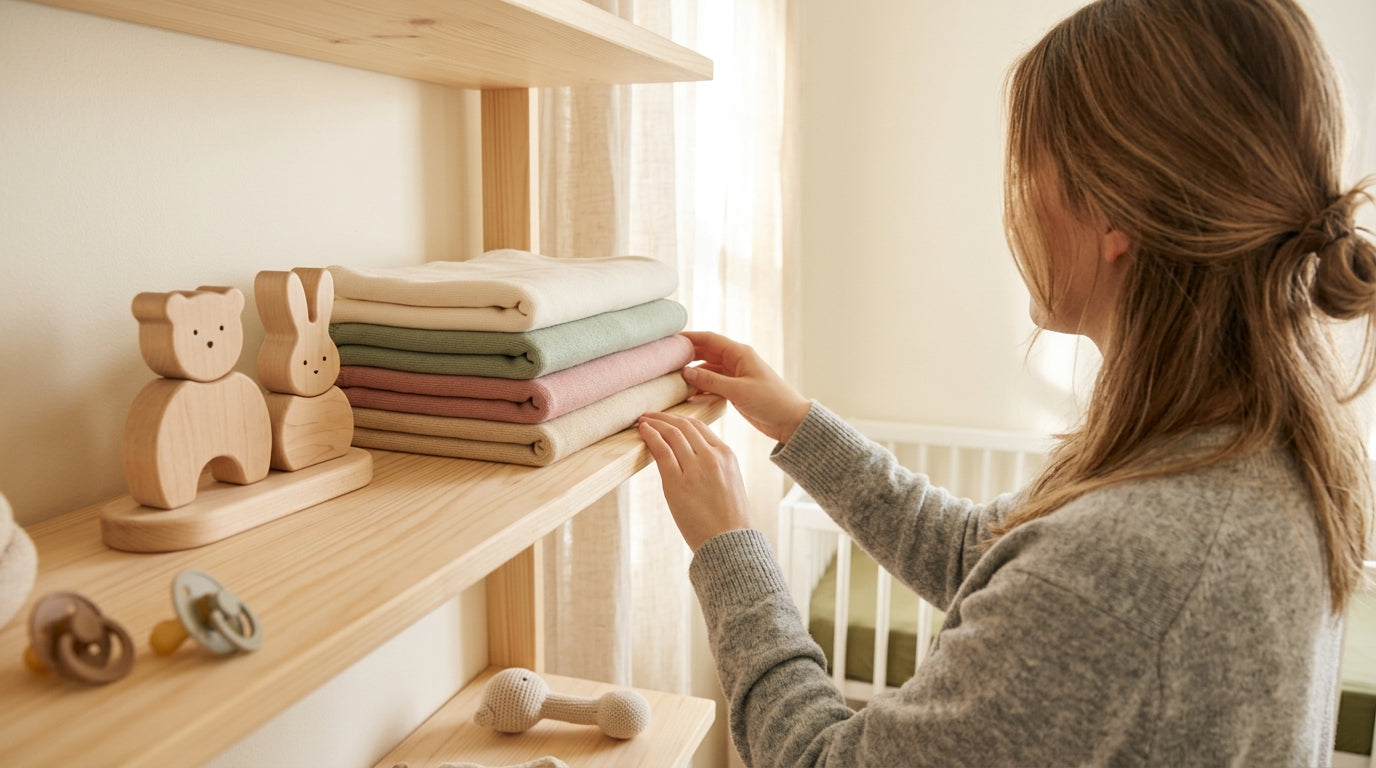 Mother holding a wooden toy looking thoughtfully at a smartphone screen.