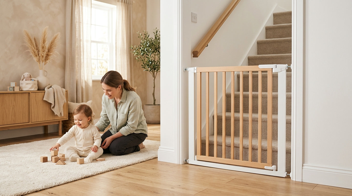 A frustrated dad trying to step over a baby gate while holding a toddler