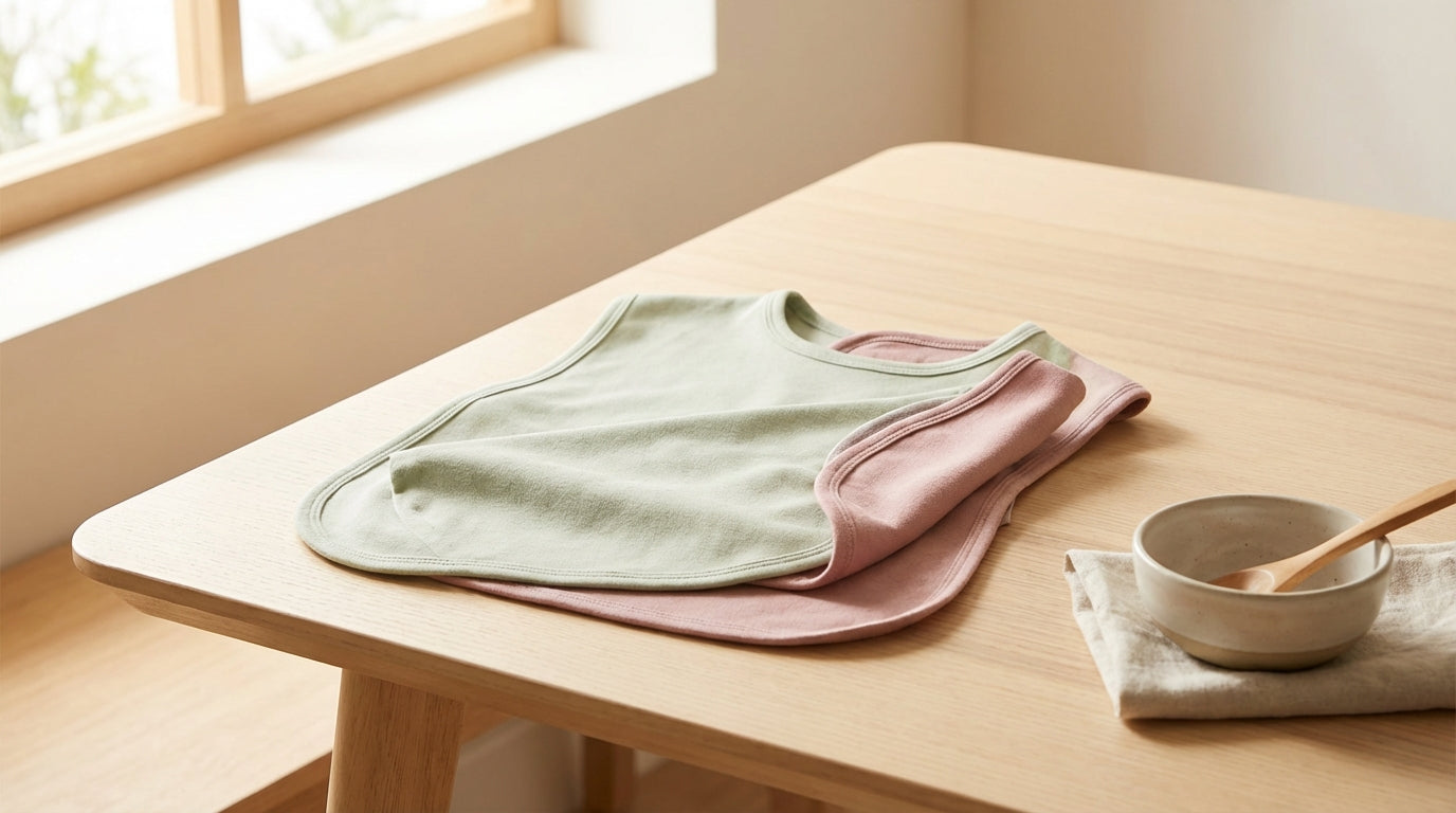 A sleek, waterproof adult clothing protector resting next to a silicone suction baby bowl on a dining table.